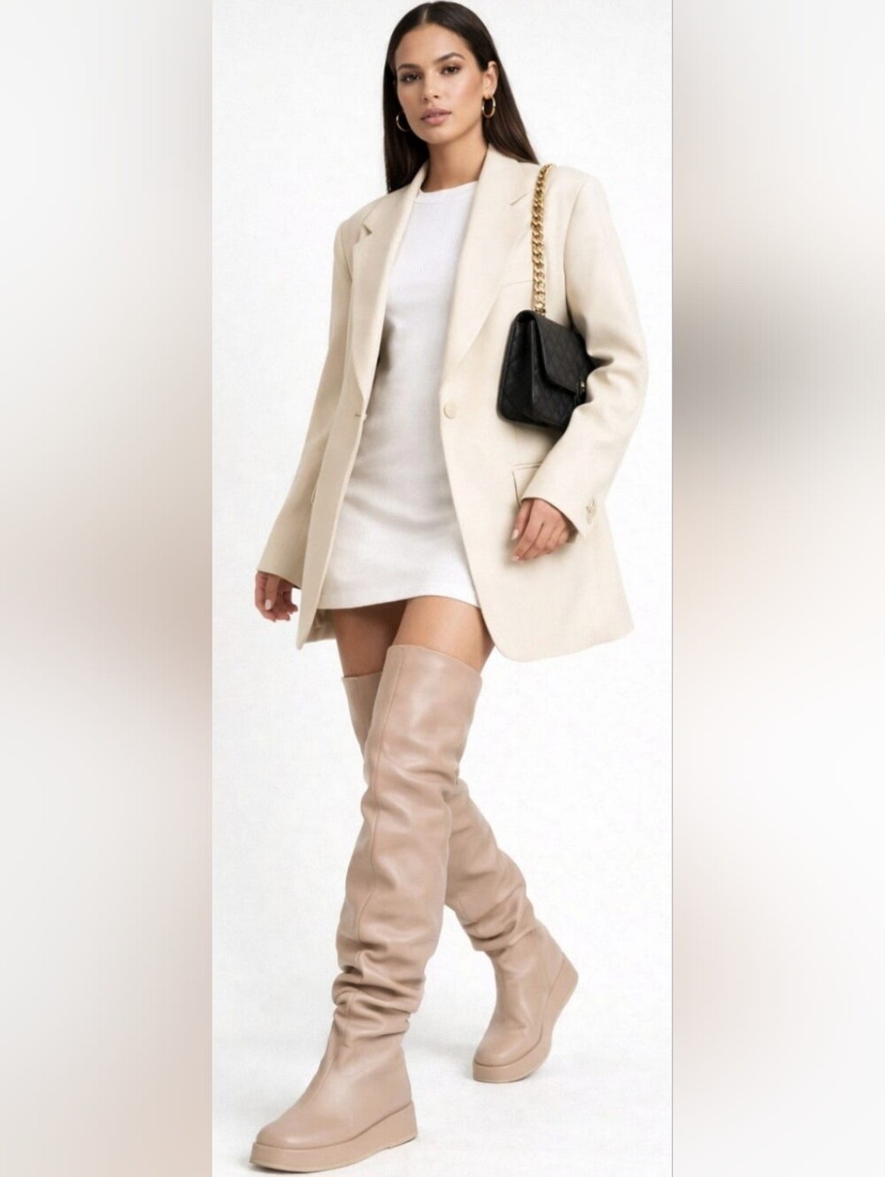 NEW Gia Borghini x RHW Rosie 10 Leather Thigh-High Boots TAN BEIGE Platform